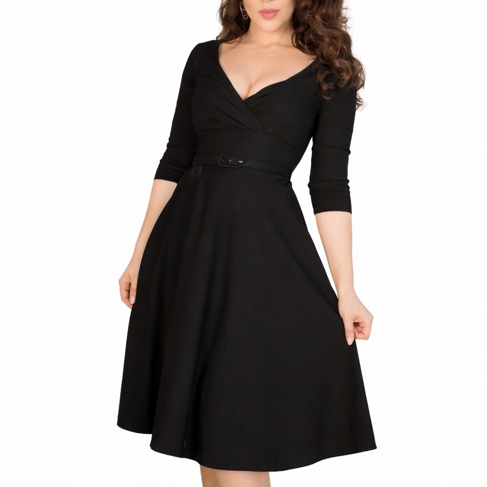 Pinup Couture Black V-Neck Fit-and-Flare Midi Dress with Belt
